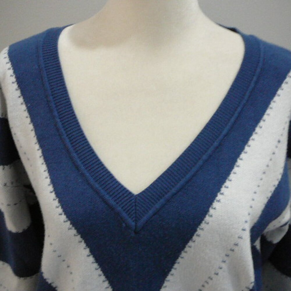 Misslook VNeck Long Sleeve Navy Blue & White Pullover Sweater Ribbed Trim-Size M - Picture 2 of 4